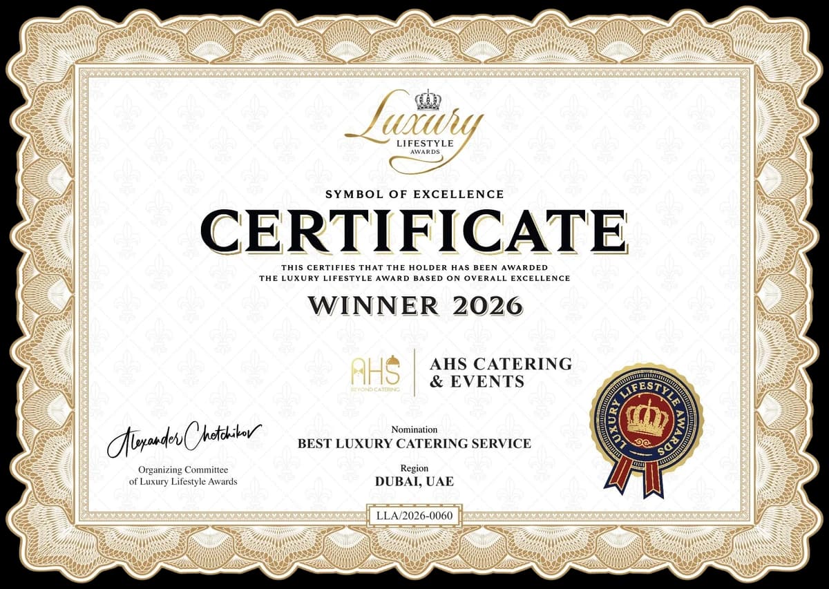 Luxury Lifestyle Awards 2026 certificate, AHS Catering